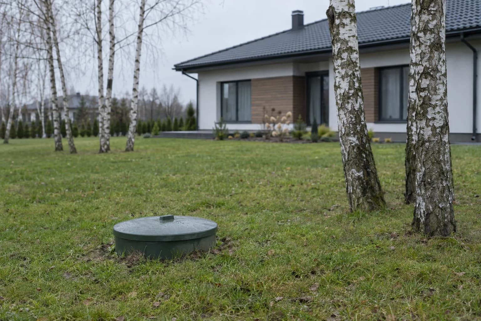 Gręžinio dangtis vejoje prie vieno aukšto namo